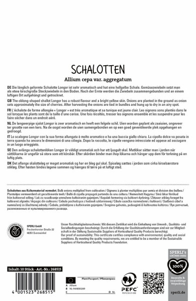 Produktbild der Verpackung von Sperli Französische Schalotte Longor mit Beschreibungen in verschiedenen Sprachen Anbauhinweisen und Nachhaltigkeitssiegel