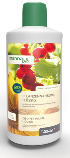 Produktbild von MANNA Bio Pflanzennahrung 1l Flasche mit Angaben wie 100 Prozent natürlich, flüssig und zur Stärkung und Wachstumsförderung von Blumen und Obst.