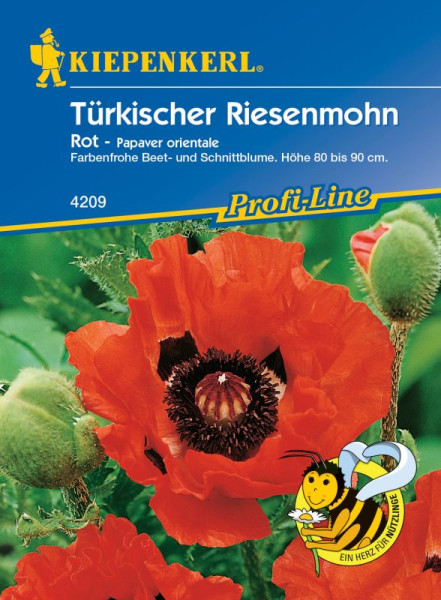 Produktbild von Kiepenkerl Türkischer Riesenmohn Olympiafeuer mit roten Blumen und Informationen zu Pflanzenart sowie Markenlogo.