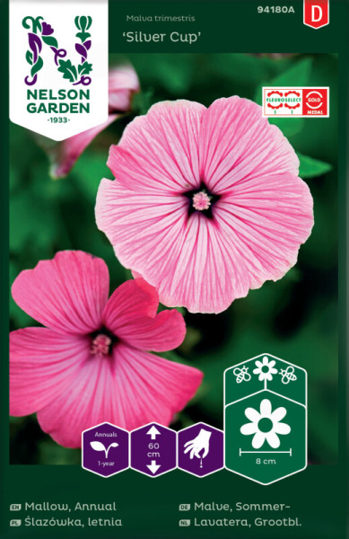 Produktbild von Nelson Garden Sommermalve Silver Cup mit Abbildung der pinke Blüten und Informationen zur Pflanzenart, Wachstumsbedingungen und Auszeichnungen.