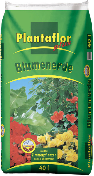 Produktbild von Plantaflor Blumenerde 40l Verpackung mit Pflanzenabbildungen und Hinweisen ideal für Zimmerpflanzen Balkon und Terrasse.