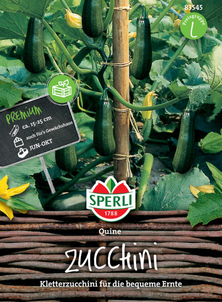 Produktbild von Sperli Zucchini Quine F1 mit reifenden Zucchini an einer Pflanze und Verpackungsdesign mit Produktinformationen auf Deutsch