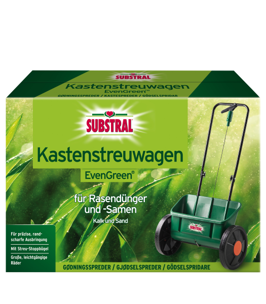 Produktbild des Substral EvenGreen Kastenstreuwagens geeignet für Rasendünger und Samen mit Informationen über präzise Ausbringung und große leichtgängige Räder auf grünem Hintergrund.