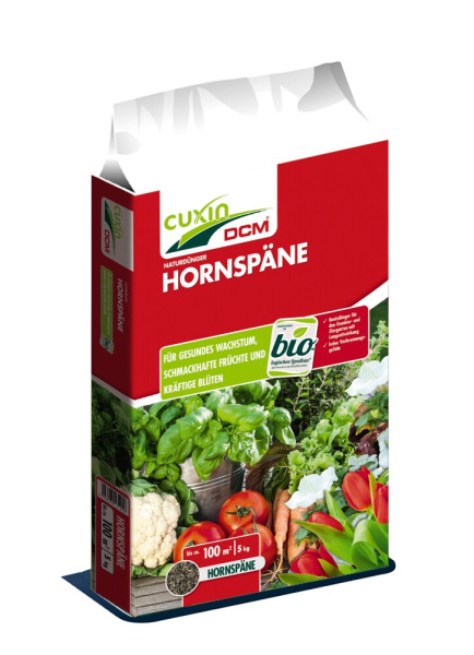 Produktbild von Cuxin DCM Hornspäne 5kg Verpackung mit Angaben zu gesundem Pflanzenwachstum und Bio-Siegel