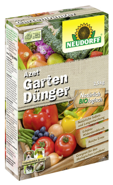 Produktbild von Neudorff Azet GartenDünger mit einem Gewicht von 2,5kg, darstellend die Verpackung mit verschiedenen Gemüseabbildungen und den Hervorhebungen natürlich biologisch, erhöhte Widerstandskraft und reiche Ernte, sowie das Logo von Neudorff.