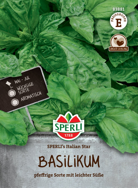 Produktbild von SPERLI Basilikum SPERLIs Italian Star mit frischen Basilikumblättern und Informationen zur Sorte Einsatzzeit und Geschmack.