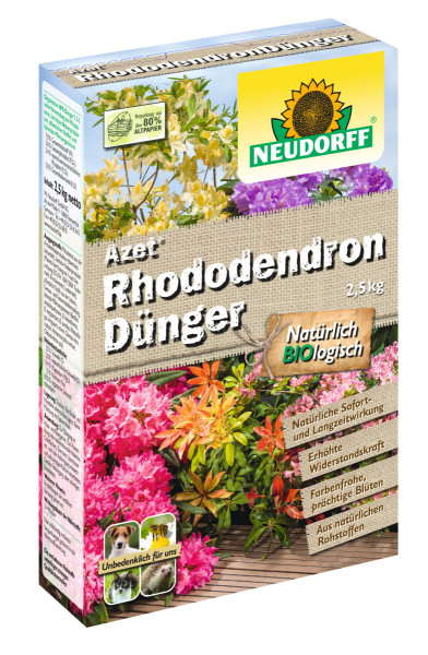 Produktbild von Neudorff Azet RhododendronDünger 2, 5, kg Verpackung mit Bildern von Rhododendren und Produktinformationen in deutscher Sprache