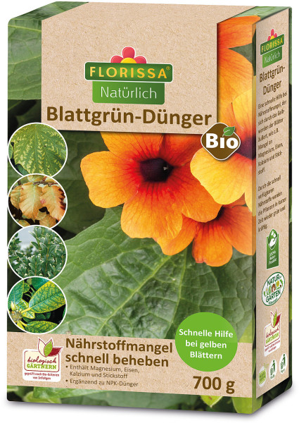 Produktbild von Florissa Natürlich Blattgrün-Dünger Bio 700g mit Informationen zu Schneller Hilfe bei gelben Blättern und Nährstoffmangel schnell beheben, ergänzt durch Bilder von Pflanzen und Blättern.
