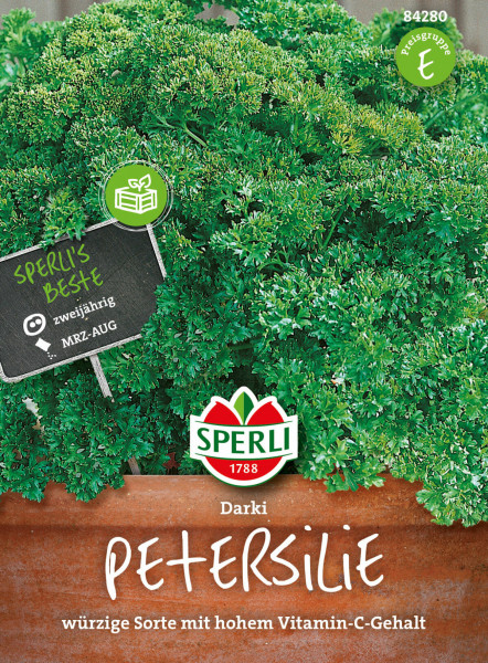 Produktbild von Sperli Petersilie Darki mit Darstellung der Pflanze und Verpackungsinformationen einschließlich Logo, Sortenbezeichnung und Hinweisen zur Aussaatperiode.