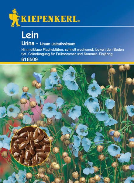 Produktbild von Kiepenkerl Lein 60 g mit Abbildung himmelblauer Flachsblüten und Samen, Informationen zu Pflanzeneigenschaften und Artikelnummer auf Deutsch.