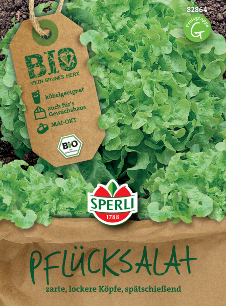 Produktbild von Sperli BIO Pflücksalat mit grünen Salatköpfen und Verpackungsdesign das Anbauinformationen wie kübelgeeignet und geeignet fürs Gewächshaus sowie den Anbauzeitraum Mai bis Oktober zeigt.