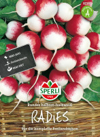 Produktbild von Sperli Radies Samen Rundes halbrot-halbweiß mit Darstellung der roten und weißen Radieschen auf Korbuntergrund und Verpackungsinformationen.