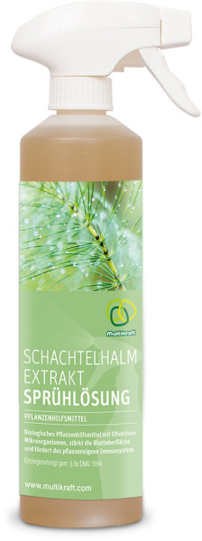 Produktbild von Multikraft Schachtelhalm Extrakt Sprühflasche 500ml mit Pflanzenhilfsmittel Beschriftung und Hinweis auf biologische Inhaltsstoffe.