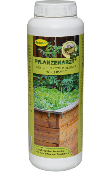 Produktbild von Schacht PFLANZENARZT Bio Green Power Dünger Hochbeet in einer 750g Verpackung mit Informationen und Abbildung eines bepflanzten Hochbeets.