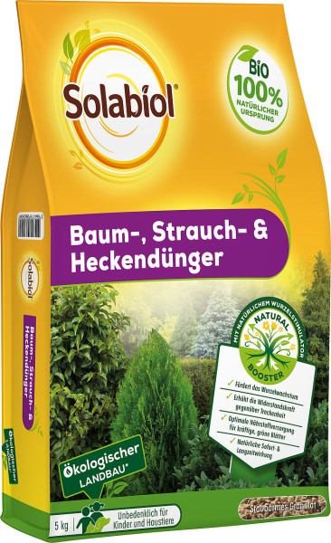 Produktbild von Solabiol Baum Strauch & Heckendünger in einer 5kg Verpackung mit Hinweisen zu ökologischem Landbau und Kindersicherheit sowie Abbildungen von Pflanzen und Garten.