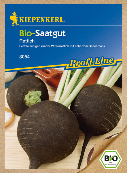 Produktbild von Kiepenkerl BIO Saatgut Rettich Verpackung mit Abbildungen von Rettichen und Schaufel sowie Produktinformationen in deutscher Sprache.