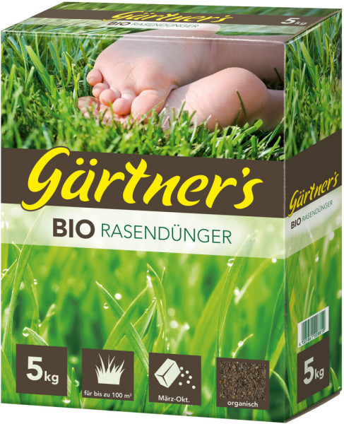 Produktbild von Gärtners Bio Rasendünger Verpackung mit 5kg Gewichtsangabe, Anwendungsempfehlung, organischen Hinweisen und grünem Rasen mit Babyfüßen.