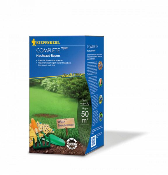 Produktbild von Kiepenkerl Profi-Line Complete Nachsaat-Rasen 1kg Packung mit Informationen zur Rasenpflege und Anwendungsgebieten auf Deutsch.