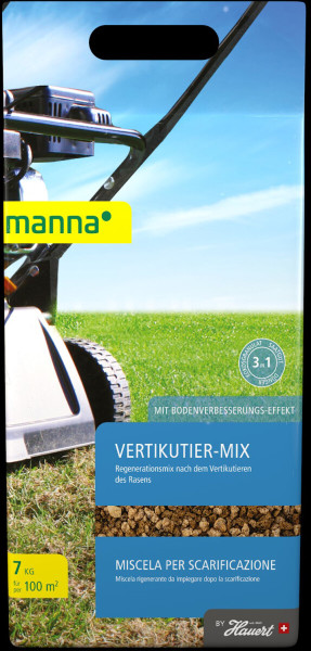 Produktbild von MANNA Vertikutier-Mix 7kg Packung mit angaben zur Rasenpflege und Hinweis auf Bodenverbesserungseffekt.