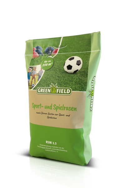 Produktbild von GREENFIELD Sport- und Spielrasen 10kg Verpackung mit Rasenabbildung, Fußball und spielenden Kindern, geeignet für circa 250 Quadratmeter Fläche.