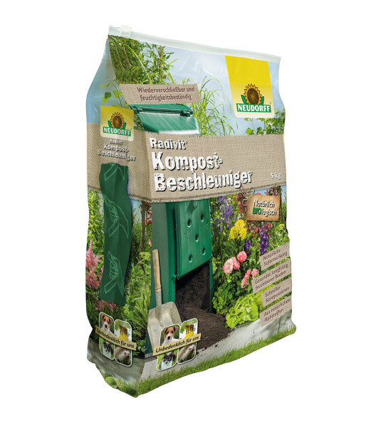 Produktbild von Neudorff Radivit Kompost-Beschleuniger in einer 5kg Verpackung mit Informationen zur Anwendung und Gartenabbildung im Hintergrund.