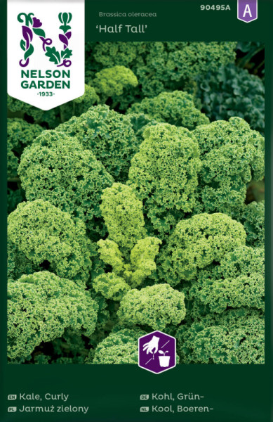 Produktbild von Nelson Garden Grünkohl Half Tall mit Abbildung der Pflanze und Verpackungsdesign inklusive Markenlogo und Produktbezeichnung.