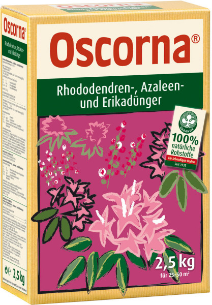 Produktbild von Oscorna-Rhododendren Azaleen- und Erikadünger in einer 2, 5, kg Packung mit Gartenbildern und Hinweisen auf 100% natürliche Rohstoffe in deutscher Sprache.