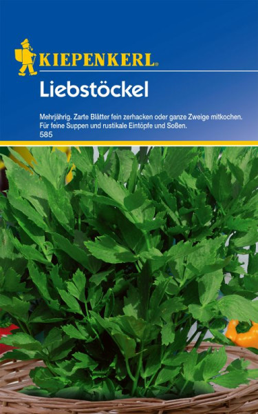Produktbild von Kiepenkerl Liebstöckel mehrjährig mit Abbildung der Pflanze und Informationen zur Verwendung in Suppen und Soßen auf Deutsch.