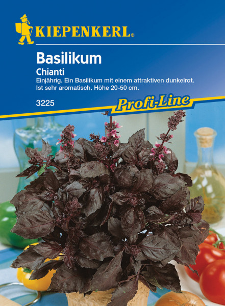 Produktbild von Kiepenkerl Basilikum Chianti mit Beschreibung der Pflanze als einjährig und sehr aromatisch in dunkelrot sowie Angabe der Wuchshöhe auf einer Verpackung der ProfiLine Serie.