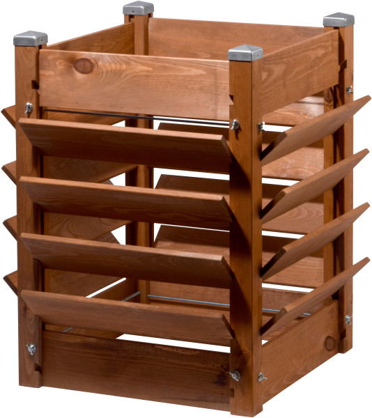 Produktbild eines dobar 3-in-1 Komposters und Hochbeets in braun aus Holz mit vertikalen Lamellen und grauen Eckverbindungen.