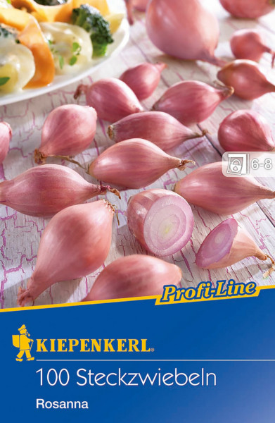 Produktfoto von Kiepenkerl Steckzwiebel Rosanna mit Darstellung der roten Zwiebeln und Verpackung mit Markenlogo und Produktbezeichnung in deutscher Sprache.
