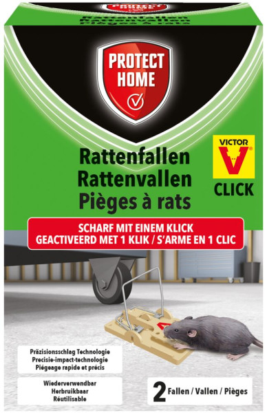 Produktbild von Protect Home Rattenfallen Click 2 Stück mit zwei verpackten Fallen und einer dargestellten aufgespannten Falle samt Ratte darauf illustriert in einer Garage mit Textbeschreibungen auf Deutsch Französisch und Niederländisch.