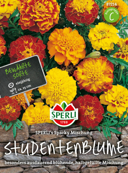 Produktbild der SPERLI Studentenblume SPERLIs Sparky Mischung mit Abbildung blühender Pflanzen und Verpackungsdesign mit Markenlogo und Hinweisen zur Bepflanzung.