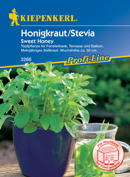 Produktbild von Kiepenkerl Honigkraut Stevia Sweet Honey eine Topfpflanze für Fensterbank Terrasse und Balkon mit der Höhe von ca. 30 cm darauf Hinweis dass es für Hochbeet und Kübel geeignet ist