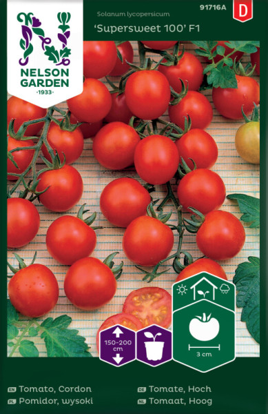Produktbild von Nelson Garden Kirschtomate Supersweet 100 F1 mit reifen roten Tomaten am Zweig Informationen zur Pflanzenart und Wachstumsbedingungen in deutscher Sprache.