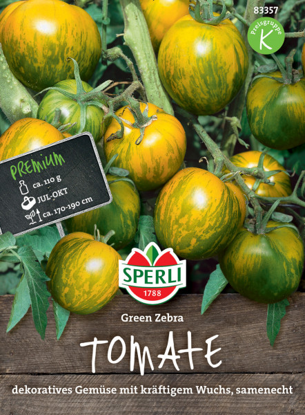 Produktbild von Sperli Salat-Tomate Green Zebra mit Darstellung von gestreiften Tomaten am Strauch und Informationen zum Samen und der Marke auf deutsch.