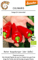 Produktbild von Culinaris BIO Paprika Roter Augsburger mit roten Paprikafrüchten in einer Hand vor grünem Blätterhintergrund und Informationen zum Saatgut...