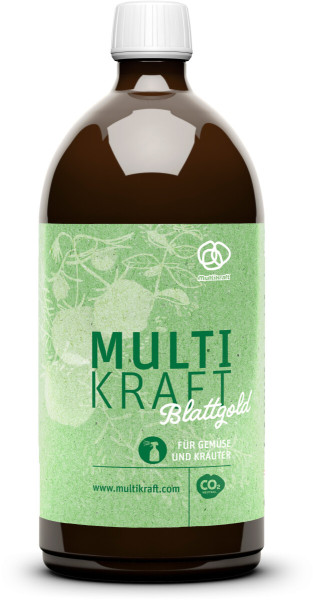 Produktbild von Multikraft Blattgold in einer 1 Liter Flasche mit Etikett das die Marke und den Verwendungszweck sowie die Webseite und den Hinweis CO2 neutral kennzeichnet.
