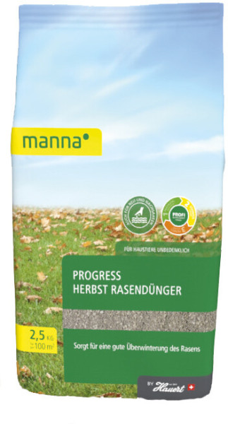 Produktbild von MANNA Progress Herbst Rasendünger in einer 2, 5, kg Verpackung mit Hinweisen zur Dosierung und Informationen zur Rasenüberwinterung.