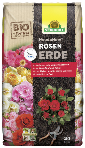 Produktbild von Neudorff NeudoHum RosenErde 20l Verpackung mit Blumenabbildungen und Produktinformationen torffrei und biologisch.