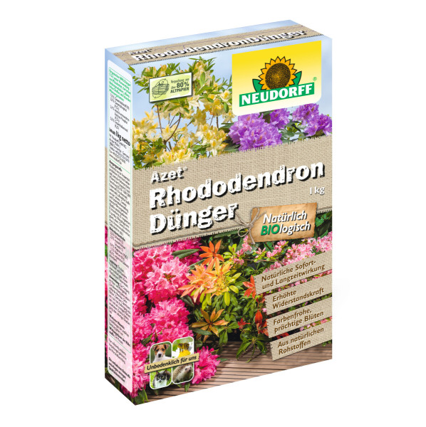 Produktbild von Neudorff Azet RhododendronDünger Verpackung mit 1kg Angabe und Hinweisen zur natürlichen und biologischen Pflanzenpflege sowie Abbildungen von Rhododendren.