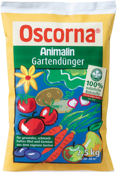 Produktbild von Oscorna-Animalin Gartenduenger 2, 5, kg Packung mit farbiger Beschriftung und Abbildung verschiedener Obst- und Gemuesesorten sowie der Angabe 100 Prozent natuerliche Rohstoffe.