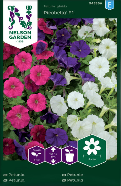 Produktbild von Nelson Garden Petunie Picobella F1 mit einer Auswahl mehrfarbiger Petunienblüten und Produktinformationen auf Deutsch