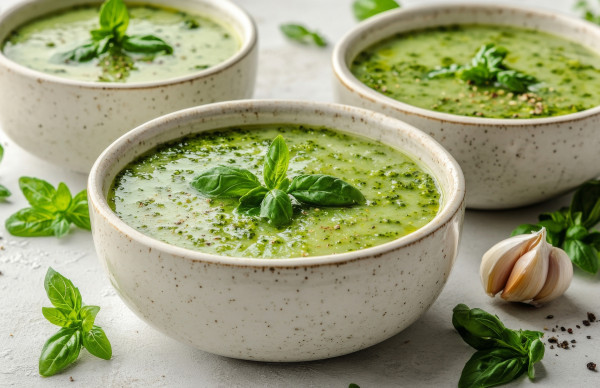 large-fresh-green-basil-soup-in-two-bowls-garnished-with-broccolini-and-garlic-on-a-light-grey-surface-surrounded-by