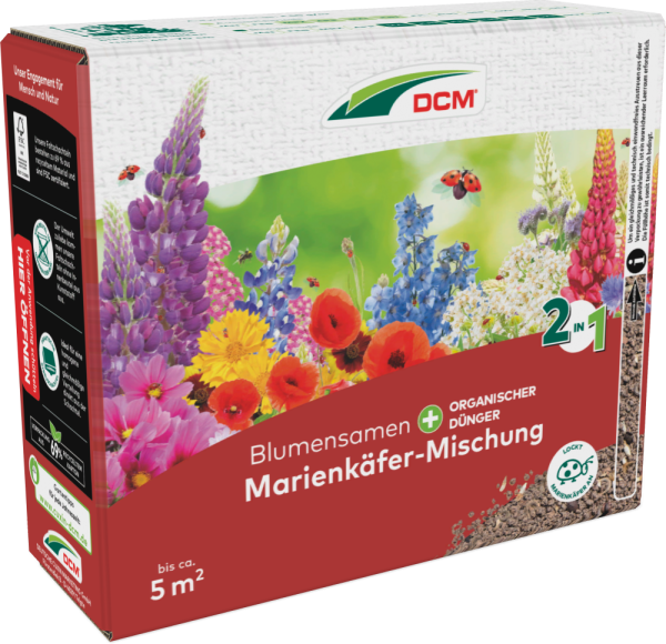 Produktbild von Cuxin DCM Blumensamen Marienkäfer-Mischung in einer 265g Streuschachtel mit Abbildung von bunten Blumen und einem Marienkäfer sowie Hinweisen zu biologischem Dünger und der Flächenabdeckung.