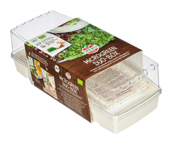 Produktbild des Sperli BIO Microgreen Duo-Box Anzuchtsets mit Aufschrift und Darstellung der beiliegenden Samen auf der Verpackung in deutscher Sprache.