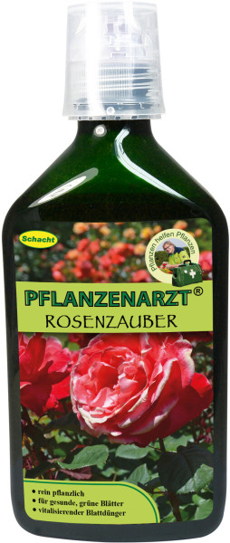 Produktbild von Schacht PFLANZENARZT Rosenzauber 350ml mit roten Rosen im Hintergrund und Hinweisen auf rein pflanzliche Inhaltsstoffe sowie Verwendung als vitalisierender Blattdünger.