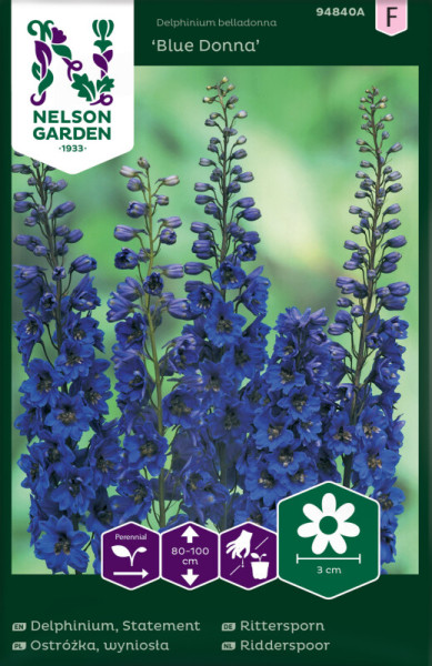 Produktbild von Nelson Garden Rittersporn Blue Donna mit blauen Blüten, Informationen zur Pflanzenart und Wuchshöhe sowie Anweisungen zur Pflanzung und Pflege.