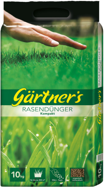 Produktbild von Gaertners Rasenduenger Kompakt mit 10kg Verpackung und einer Hand ueber saftig gruenem Rasen mit Produktinformationen und Anwendungshinweisen in deutscher Sprache.