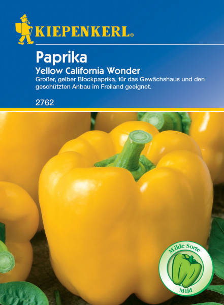 Produktbild von Kiepenkerl Blockpaprika Yellow California Wonder mit gelben Paprikafrüchten und Verpackungsinformationen auf Deutsch.